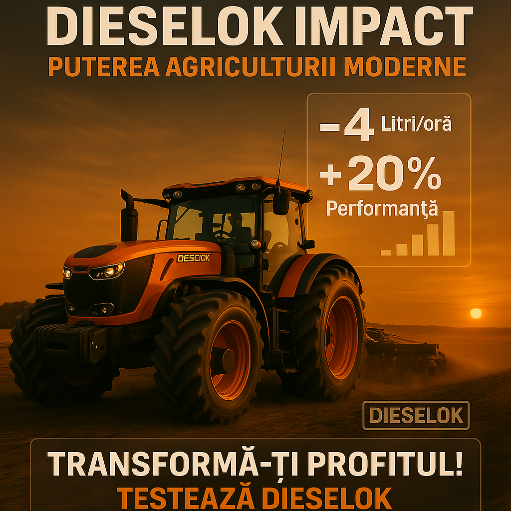 Tractor Dieselok la apus, optimizat pentru performanță și economie, în acțiune pe câmp