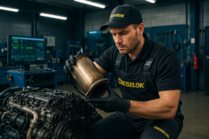 Îndepărtare filtru de particule DPF de către mecanic Dieselok într-un atelier auto modern din Moldova
