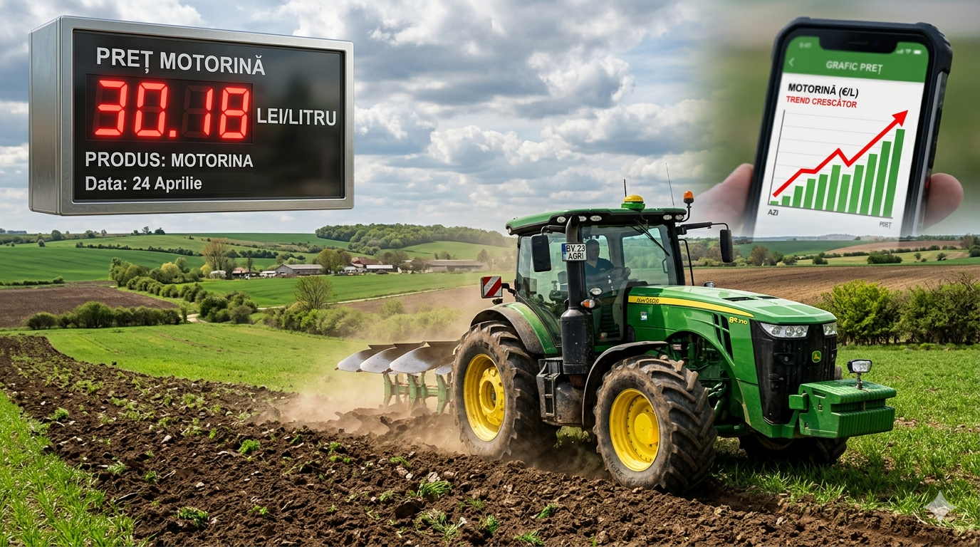 Tractor agricol în câmp cu indicator preț motorină 30.18 lei, simbolizând criza carburanților în agricultura Moldovei 2026