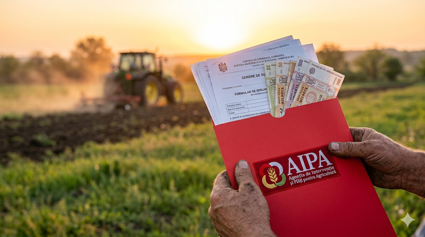 Fermier ținând dosar cu bani și documente AIPA pentru compensația motorinei în agricultură 2026